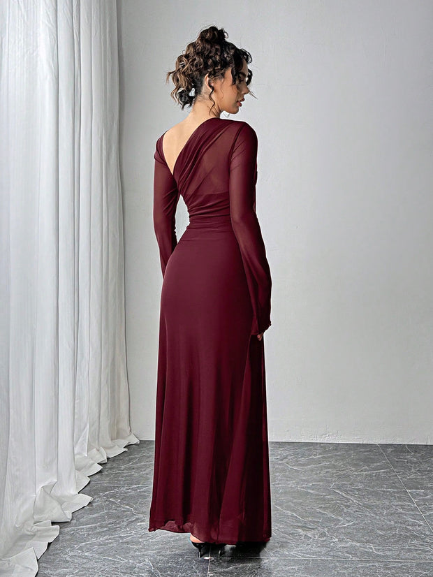 SHEIN Essnce Women Asymmetrical Neckline Long Sleeve Ankle Length Dress