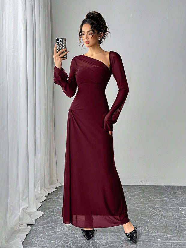 SHEIN Essnce Women Asymmetrical Neckline Long Sleeve Ankle Length Dress