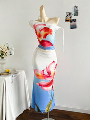 Soleia 2pcs/Set Tie Dye Flower Knit Mesh Cropped Top And Mermaid Maxi Skirt, Vacation Outfit