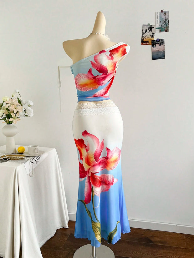 Soleia 2pcs/Set Tie Dye Flower Knit Mesh Cropped Top And Mermaid Maxi Skirt, Vacation Outfit