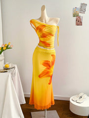Soleia 2pcs/Set Tie Dye Flower Knit Mesh Cropped Top And Mermaid Maxi Skirt, Vacation Outfit