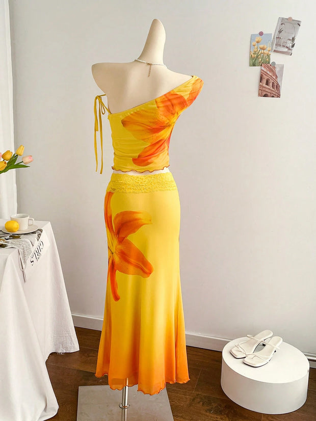 Soleia 2pcs/Set Tie Dye Flower Knit Mesh Cropped Top And Mermaid Maxi Skirt, Vacation Outfit