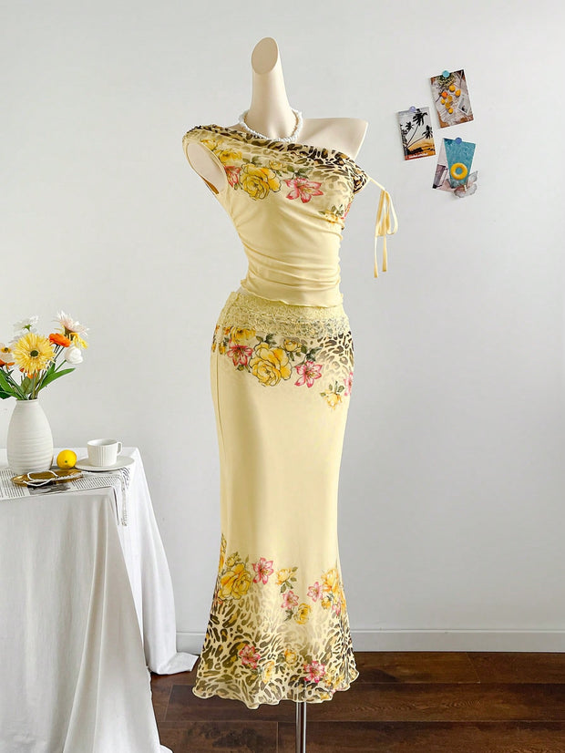 Soleia 2pcs/Set Tie Dye Flower Knit Mesh Cropped Top And Mermaid Maxi Skirt, Vacation Outfit