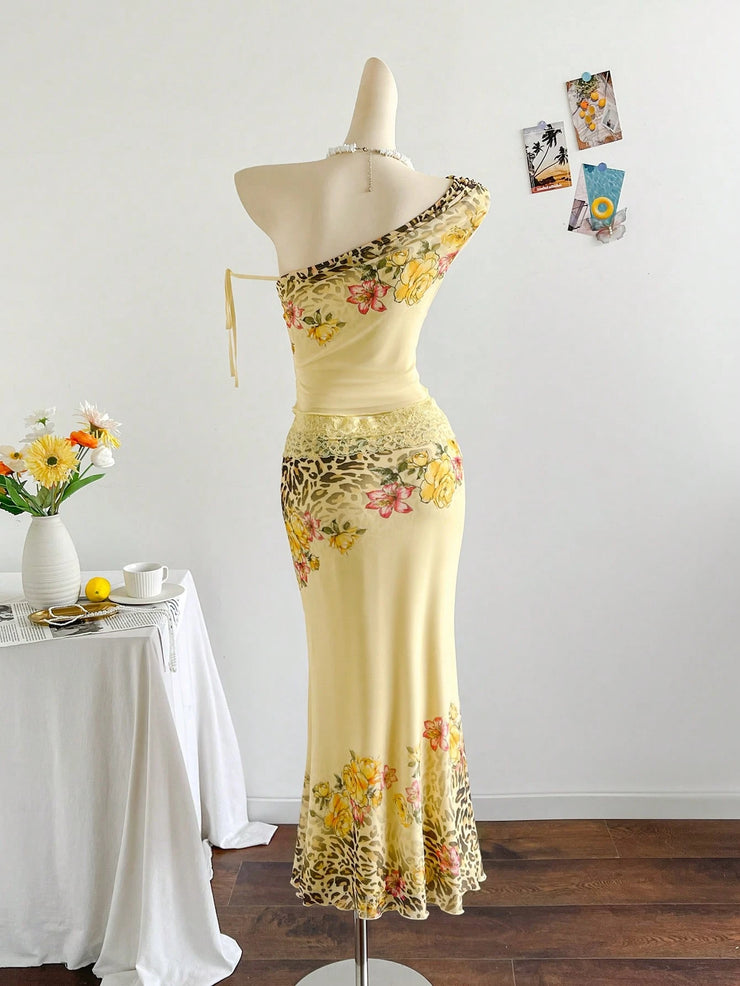 Soleia 2pcs/Set Tie Dye Flower Knit Mesh Cropped Top And Mermaid Maxi Skirt, Vacation Outfit