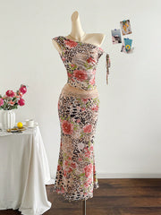 Soleia 2pcs/Set Tie Dye Flower Knit Mesh Cropped Top And Mermaid Maxi Skirt, Vacation Outfit