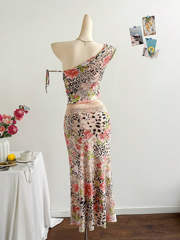Soleia 2pcs/Set Tie Dye Flower Knit Mesh Cropped Top And Mermaid Maxi Skirt, Vacation Outfit