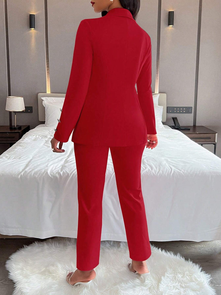 Women's Solid Color Simple Daily Long Sleeve Long Pants Suit, 2pcs/Set