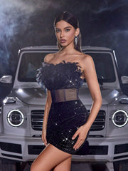 Velvet Sequin Mesh Feather Splice Backless Mermaid Zipper Back Bodycon