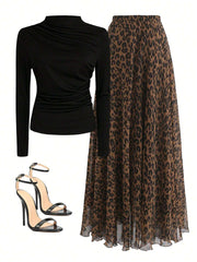 Women Autumn Solid Crew Neck Pleated Fitted Long Sleeve T-Shirt + Leopard Print Skirt