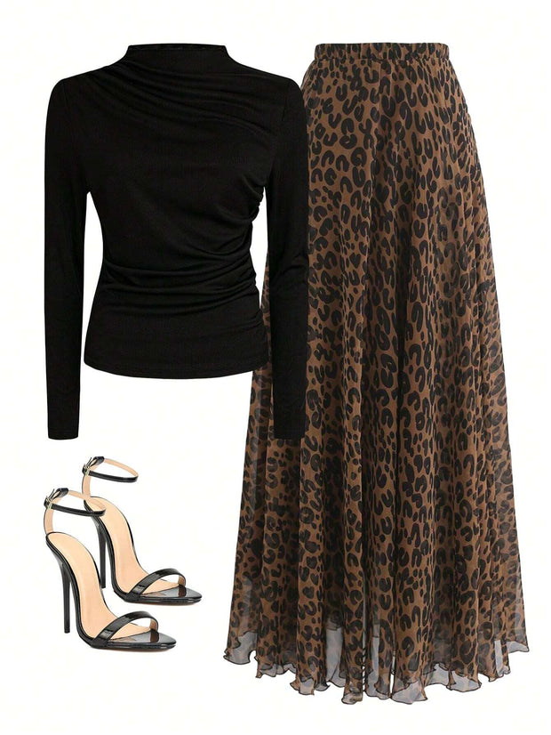 Women Autumn Solid Crew Neck Pleated Fitted Long Sleeve T-Shirt + Leopard Print Skirt