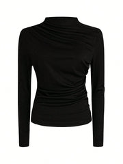 Women Autumn Solid Crew Neck Pleated Fitted Long Sleeve T-Shirt + Leopard Print Skirt