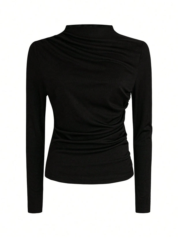 Women Autumn Solid Crew Neck Pleated Fitted Long Sleeve T-Shirt + Leopard Print Skirt