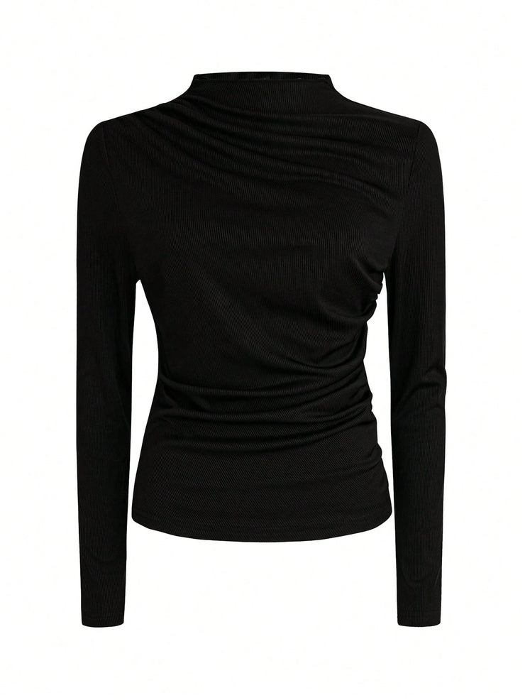 Women Autumn Solid Crew Neck Pleated Fitted Long Sleeve T-Shirt + Leopard Print Skirt