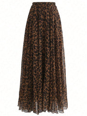 Women Autumn Solid Crew Neck Pleated Fitted Long Sleeve T-Shirt + Leopard Print Skirt