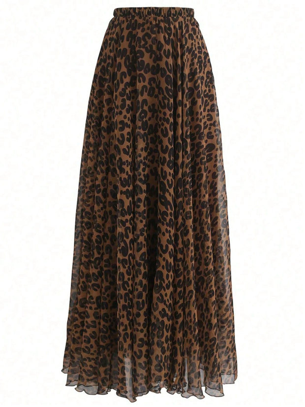 Women Autumn Solid Crew Neck Pleated Fitted Long Sleeve T-Shirt + Leopard Print Skirt