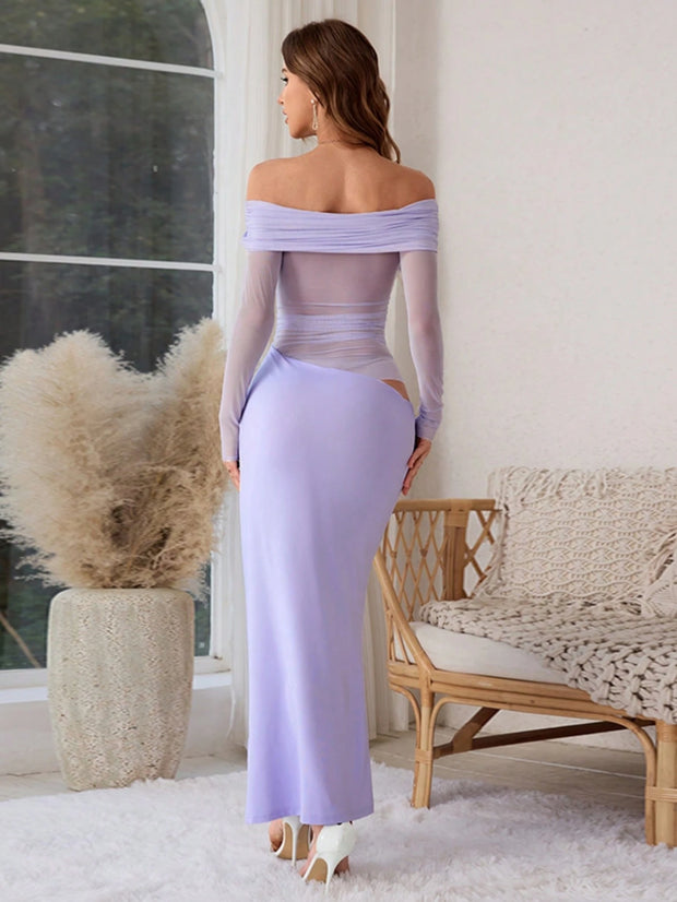 Women's Solid Color Off-Shoulder Mesh Hollow-Out Long Sexy Bodycon Dress