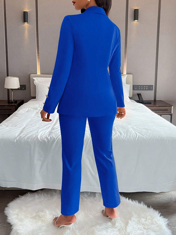 Women's Solid Color Simple Daily Long Sleeve Long Pants Suit, 2pcs/Set