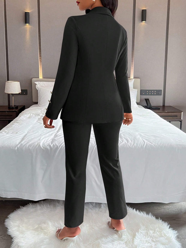 Women's Solid Color Simple Daily Long Sleeve Long Pants Suit, 2pcs/Set