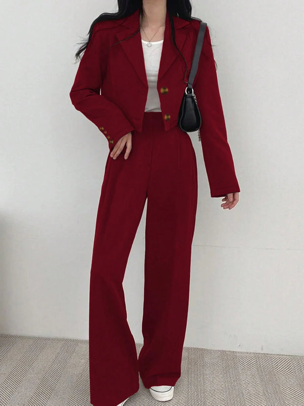 Women's Lightweight Fashion Casual Commute Solid Color Cropped Long Sleeve Blazer And Pants 2 Pieces Set
