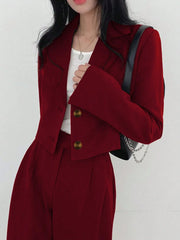Women's Lightweight Fashion Casual Commute Solid Color Cropped Long Sleeve Blazer And Pants 2 Pieces Set
