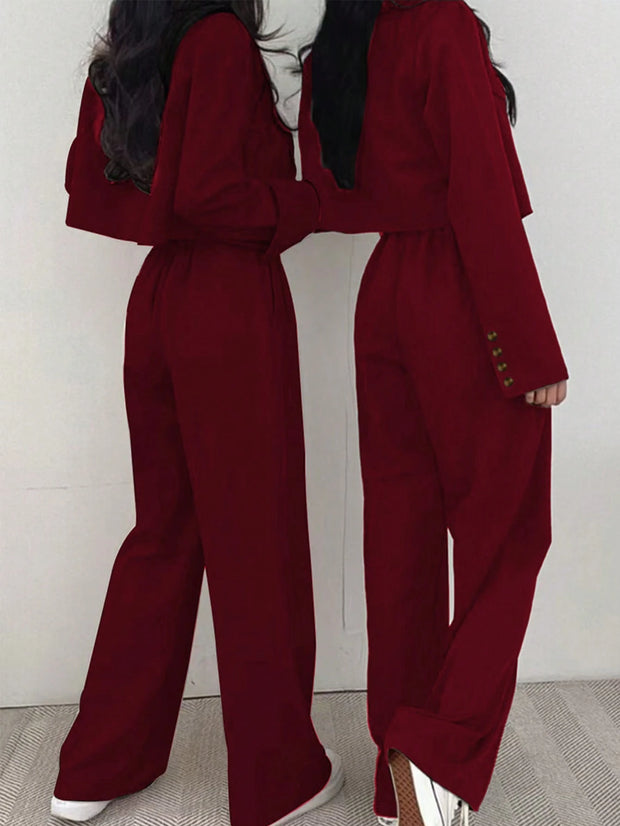 Women's Lightweight Fashion Casual Commute Solid Color Cropped Long Sleeve Blazer And Pants 2 Pieces Set