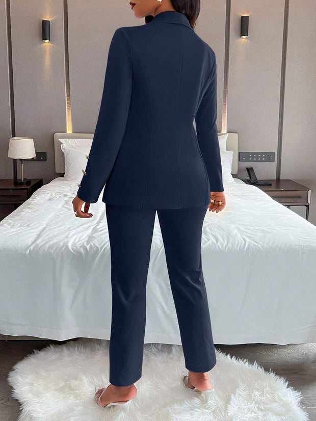 Women's Solid Color Simple Daily Long Sleeve Long Pants Suit, 2pcs/Set