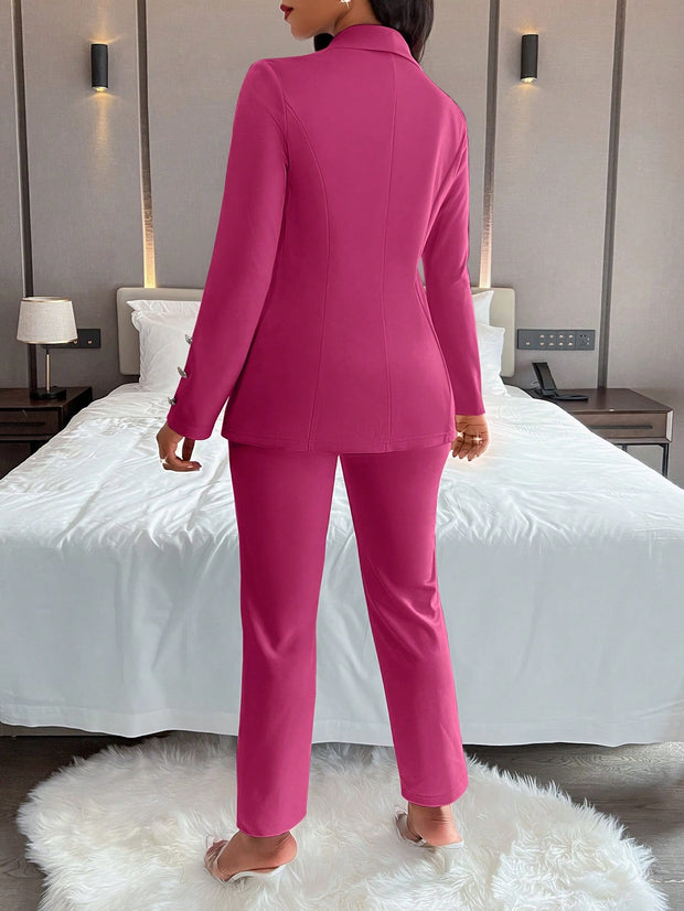 Women's Solid Color Simple Daily Long Sleeve Long Pants Suit, 2pcs/Set