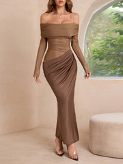 Women's Solid Color Off-Shoulder Mesh Hollow-Out Long Sexy Bodycon Dress