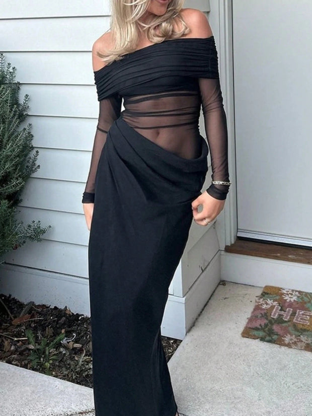 Women's Solid Color Off-Shoulder Mesh Hollow-Out Long Sexy Bodycon Dress