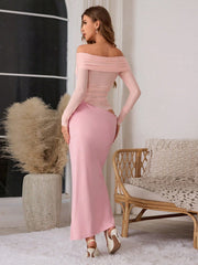 Women's Solid Color Off-Shoulder Mesh Hollow-Out Long Sexy Bodycon Dress