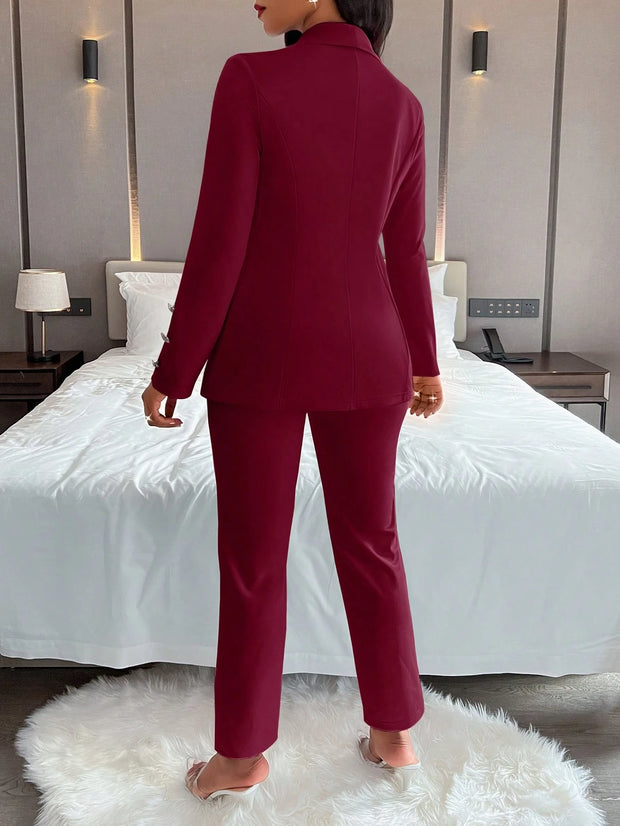 Women's Solid Color Simple Daily Long Sleeve Long Pants Suit, 2pcs/Set
