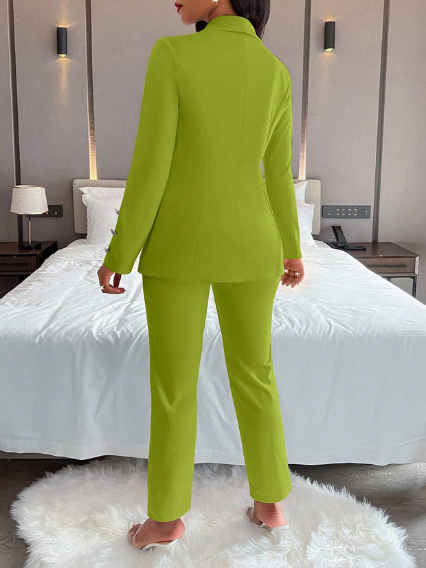 Women's Solid Color Simple Daily Long Sleeve Long Pants Suit, 2pcs/Set