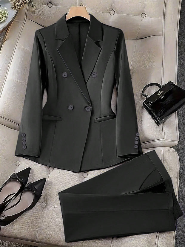 Women's Spring/Autumn Double-Breasted Long Sleeve Blazer & Trouser Suit Set
