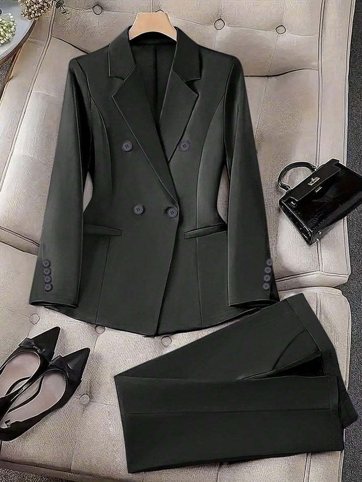 Women's Spring/Autumn Double-Breasted Long Sleeve Blazer & Trouser Suit Set
