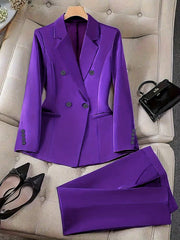 Women's Spring/Autumn Double-Breasted Long Sleeve Blazer & Trouser Suit Set