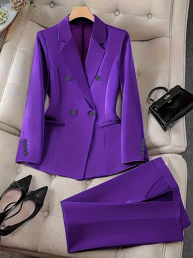 Women's Spring/Autumn Double-Breasted Long Sleeve Blazer & Trouser Suit Set