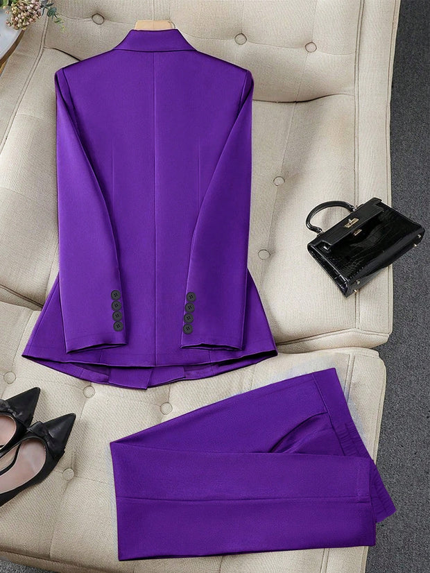 Women's Spring/Autumn Double-Breasted Long Sleeve Blazer & Trouser Suit Set