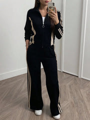 Women's Striped Print Long Sleeve Top And Casual Straight Leg Pants 2 Pieces Set, Autumn/Winter