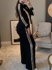 Women's Striped Print Long Sleeve Top And Casual Straight Leg Pants 2 Pieces Set, Autumn/Winter