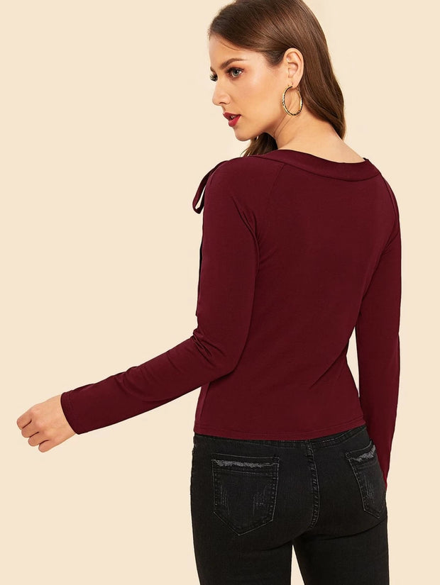 Felegant Tie Neck Raglan Sleeve Top - Hues