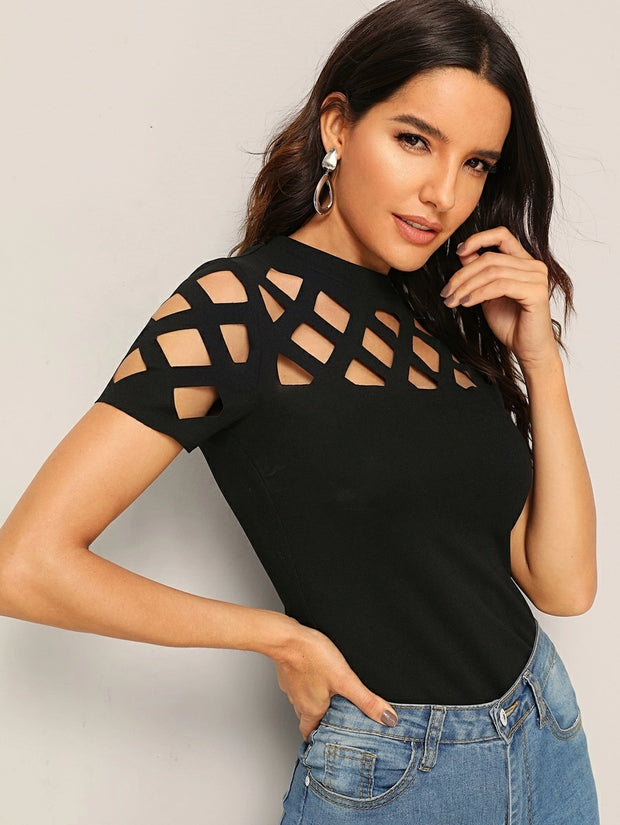 Felegant Geo Cutout Trim Fitted Tee - Hues