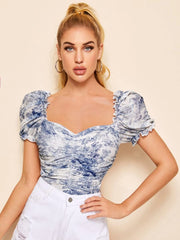 Unity Ruched Landscape Print Mesh Milkmaid Top - Hues