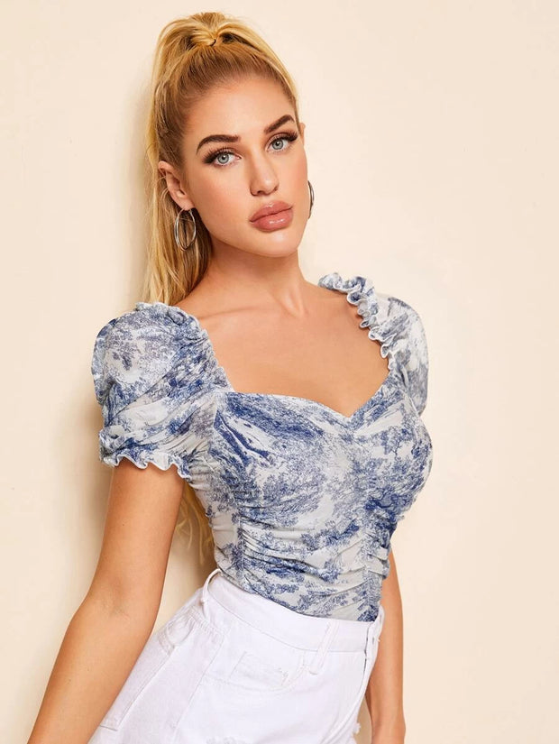 Unity Ruched Landscape Print Mesh Milkmaid Top - Hues