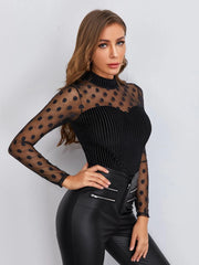 Felegant Mock Neck Dobby Mesh Rib-knit Velvet Tee - Hues