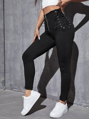 High Waist Zip Fly Eyelet Lace Up Knot Skinny Jeans - Hues