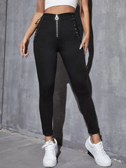High Waist Zip Fly Eyelet Lace Up Knot Skinny Jeans - Hues