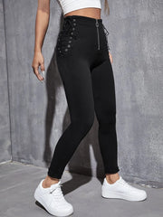 High Waist Zip Fly Eyelet Lace Up Knot Skinny Jeans - Hues