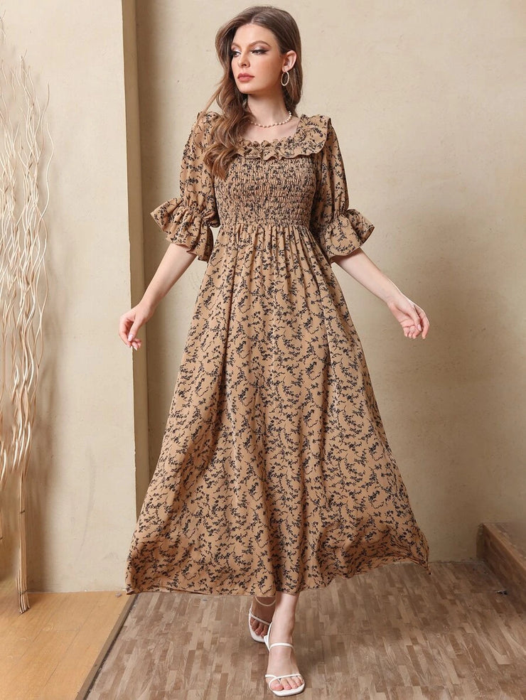 Allover Print Shirred A-line Dress - Hues