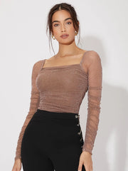 Felegant Mesh Panel Ruched Glitter Top. - Hues