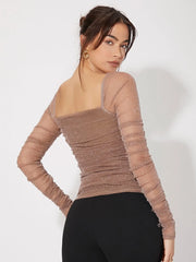 Felegant Mesh Panel Ruched Glitter Top. - Hues
